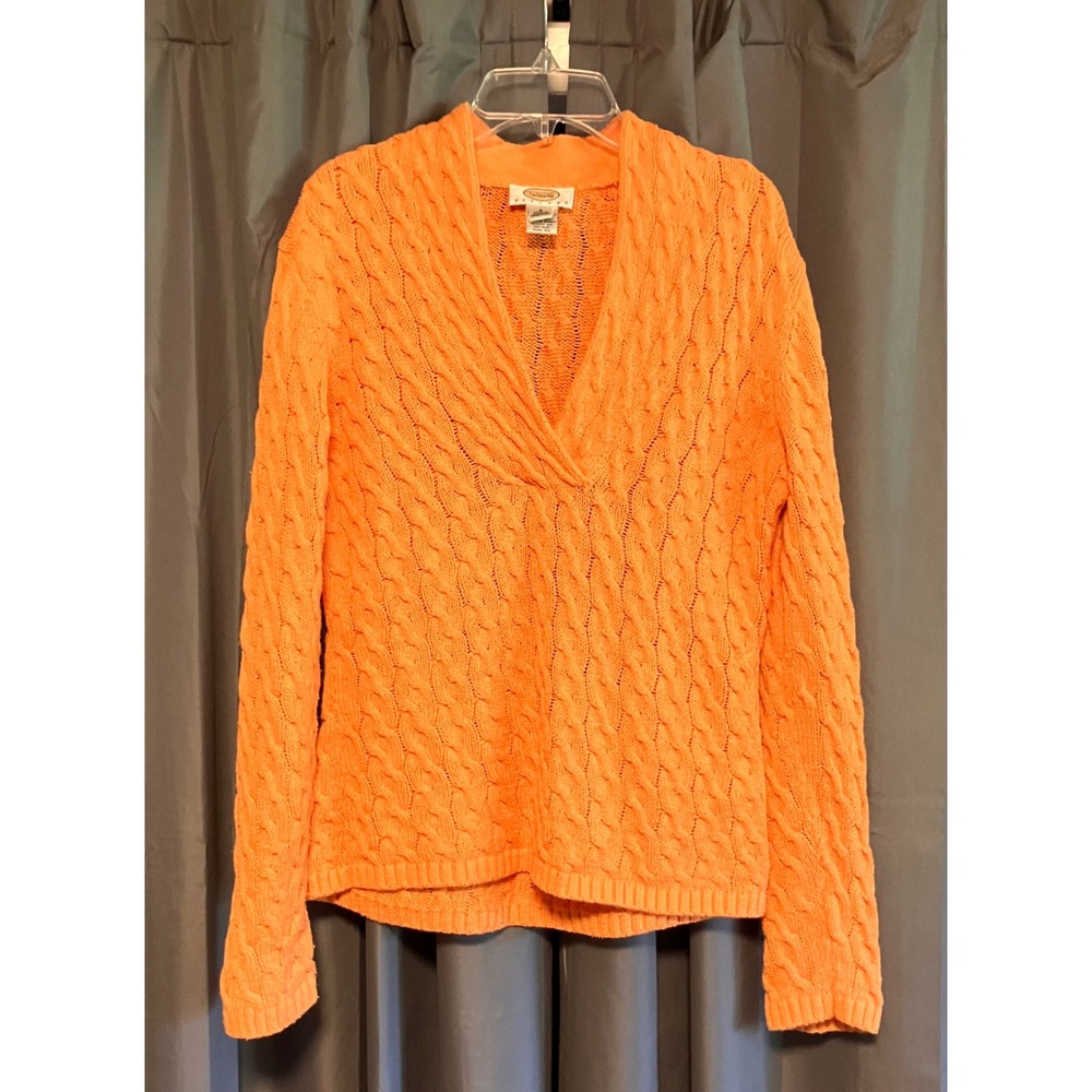 Talbots Cable Knit Sweater Womens Small Petites Orange V-Neck Long Sleeve Top